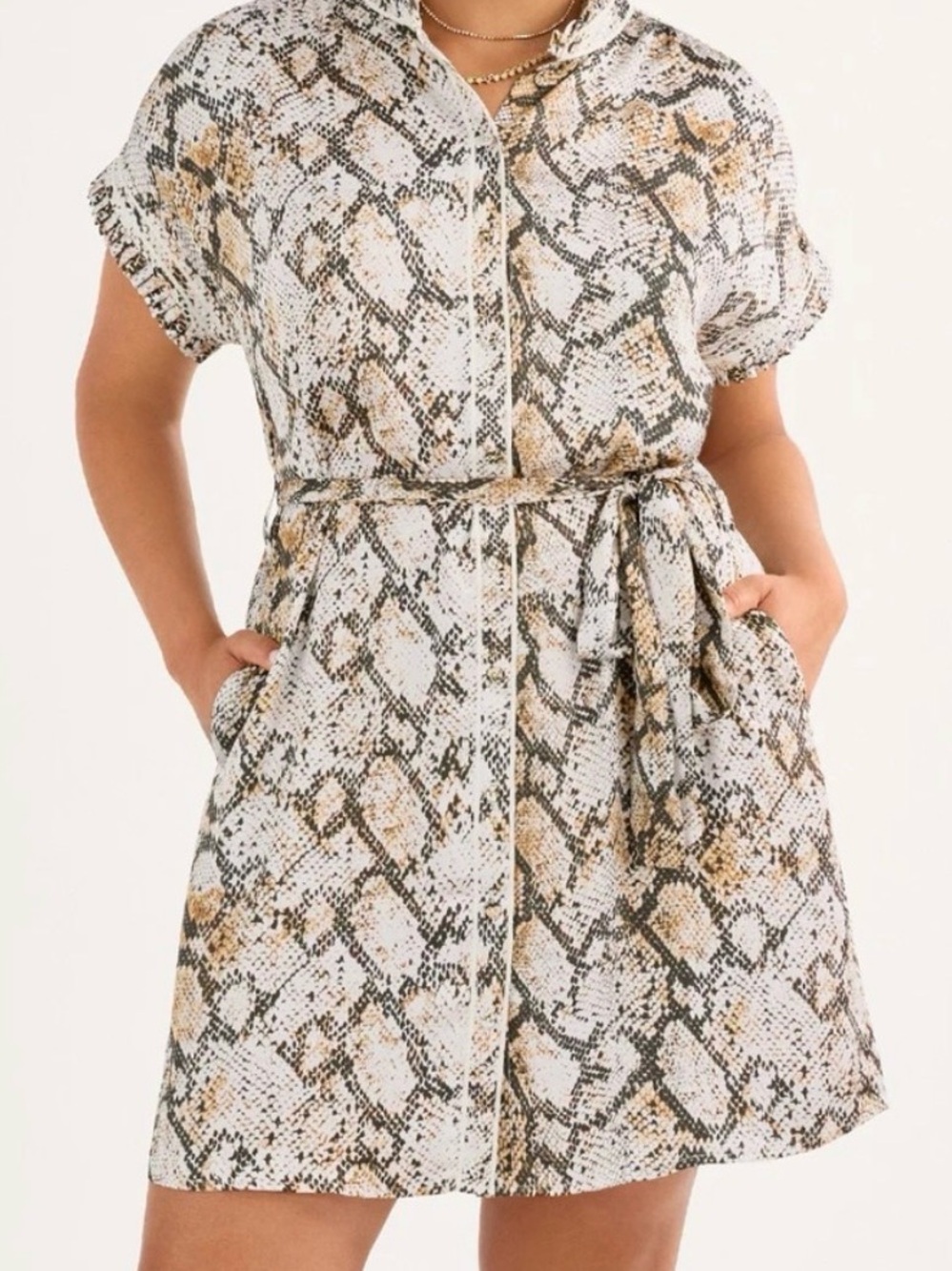 CAbi Snake-Print Shirt Dress in White, Beige and Black